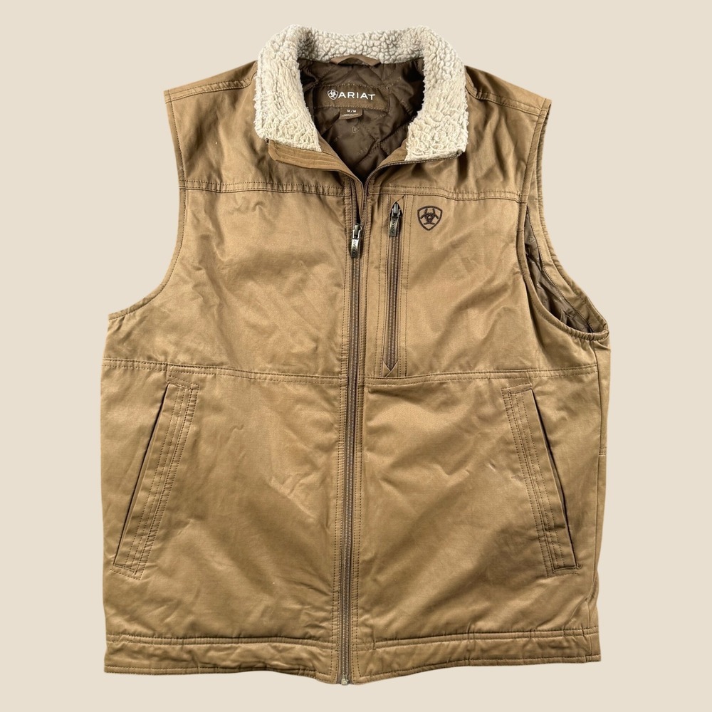 Ariat Canvas Vest Men M Brown Sherpa Collar Quilted Lined Western Work Outdoors